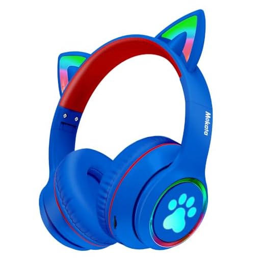 Mokata Gaming Bluetooth 5.0 Wireless Headphones Over Ear Cat LED Light Foldable Music Headset with AUX 3.5mm Microphone for Adult & Kids PC TV Game Music Pad Laptop Cellphone B12 Navy Blue