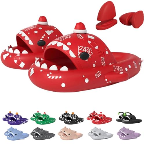 Jfxgjuv Halloween Luminous Shark Slippers, Christmas Shark Slides Spooky Shark Slides 3D Cartoon Shark Slides Glow in The Dark Shark Sandals for Women Men (Red,5.5-6 Women/4-4.5 Men)