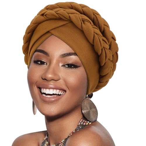 Image of DRESHOW African Women Turban Caps Cotton Beanie Twist Headscarf Pre-Tied Double Twisted Braids Wrap Hat Chemo Cancer Cap