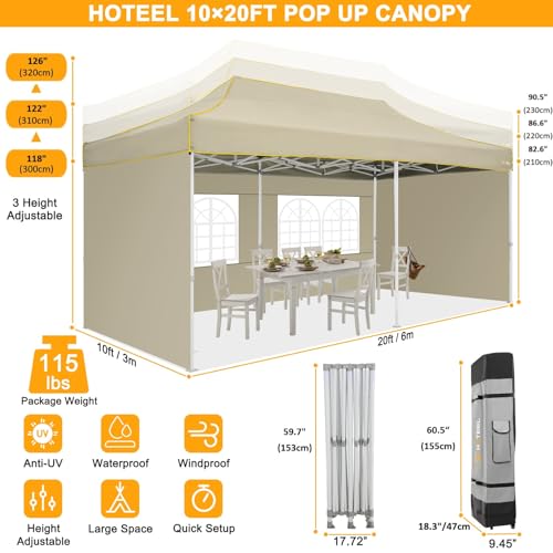 Image of HOTEEL 10x20 Heavy Duty Pop Up Canopy Tent with 4 Sidewalls, Commercial Outdoor Canopy Tents for Parties Event Wedding with Roller Bag, Waterproof & UV 50+, Upgraded Thickened Hexagonal Legs, Khaki