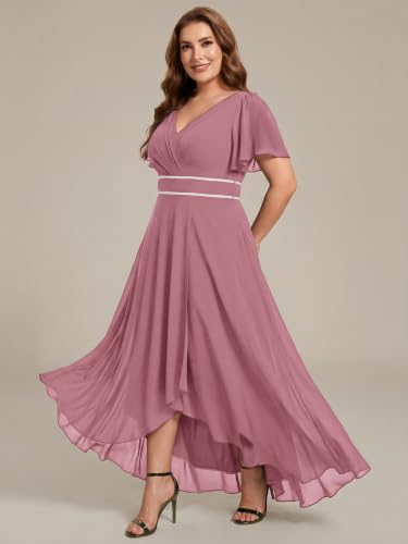 Image of Ever-Pretty Plus Women's Chiffon V-Neck Beading Ruffles Sleeves Maxi High Low Plus Size Formal Dresses