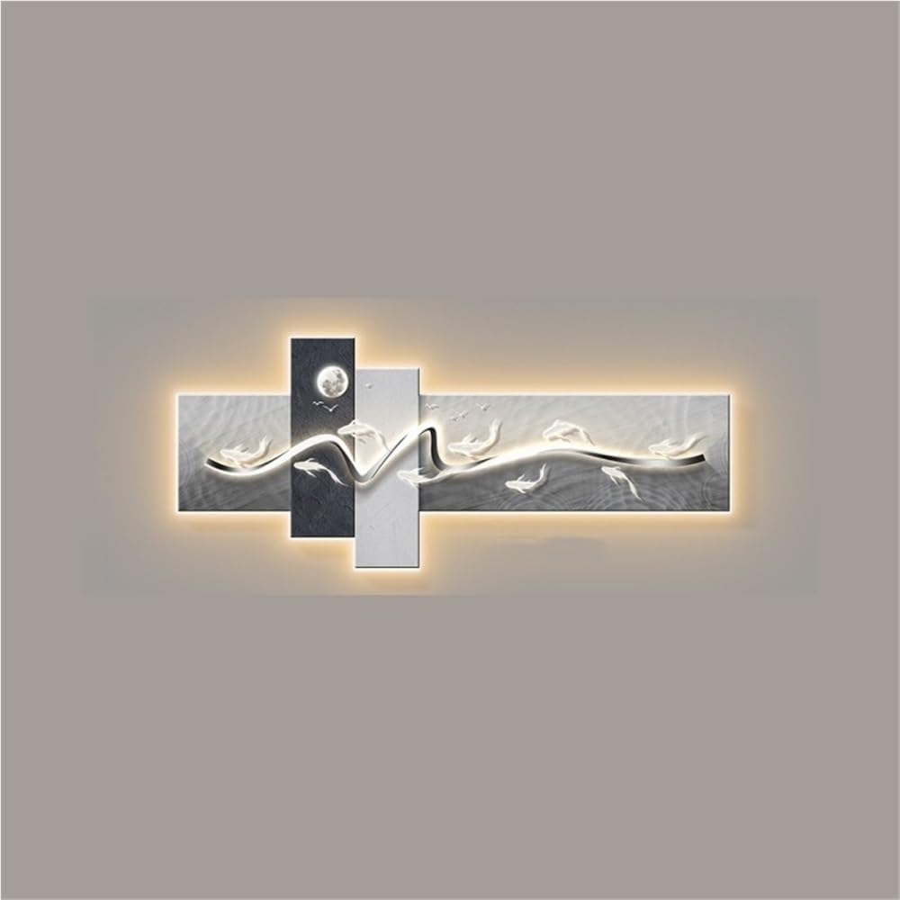 ITOSUI Luxurious Modern Wall Decor, LED Hanging Mural, Wall Art with Nine-Fish Pattern, Crystal Porcelain Mural for Living Room, Entryway(Gray,39.4 * 16.5in)