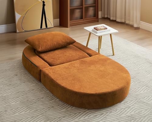 Folding Sofa Bed Chair, 2 in 1 Convertible Sofa to Lounger, High Density Foam Single Floor Sleeper Chair for Living Room, Apartment, Dorm, Small Spaces, Chenille Fabric and Wide Armrest, Orange