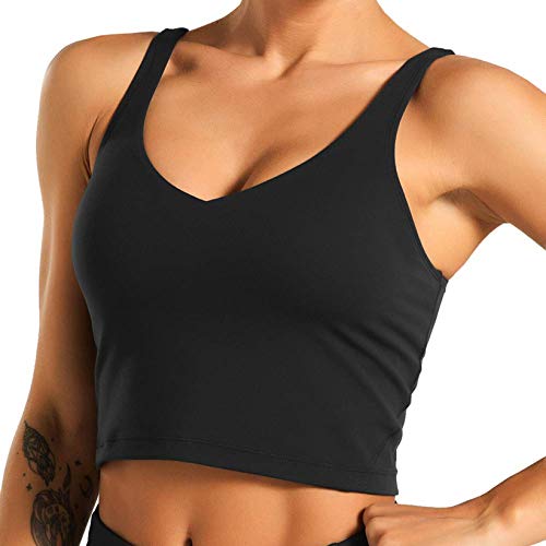 Thatso Women Sleeveless Sports Bra, Ladies Comfy Seamless Padded Longline Workout Running Shirts Yoga Crop Tank Top Camisole(S,Black)