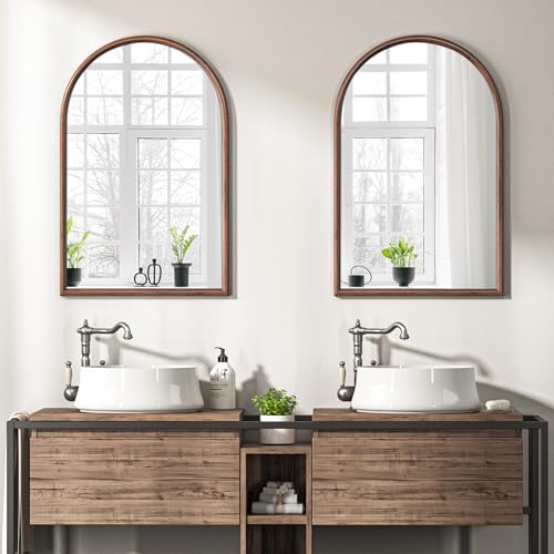 Image of 24 inchx36 inch Arch Wall Mirror for Wall, Wall Mounted Vanity Mirror for Bedroom, Wood Grain Finish Frame Mirror with Tempered Glass, Vintage Decorative for Bathroom, Entryway, Living Room, Walnut
