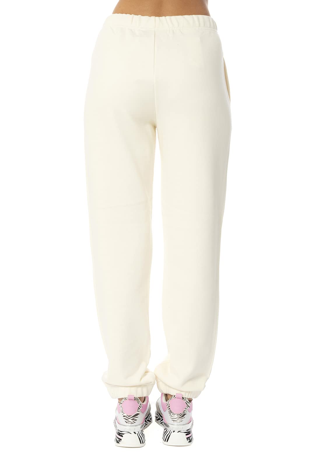 Chiara Ferragni Pantalone Jogger in Cotone Panna con Due Tasche e Logo Ferragni Rosa Ricamato nella Parte Anteriore. Beige Panna