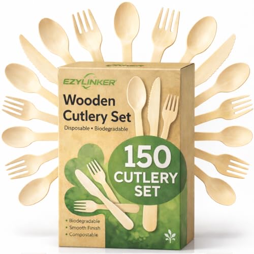 (150 Stück) Einweg-Besteck-Set aus Holz – Alternative zu Kunststoffbesteck, umweltfreundlich, biologisch abbaubar, 50 Holzmesser, 50 Holzgabeln Einwegutensilien