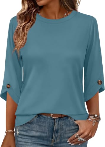 OFEEFAN Womens 3/4 Sleeve Tops with Buttons Crew Neck Summer Fall Clothes