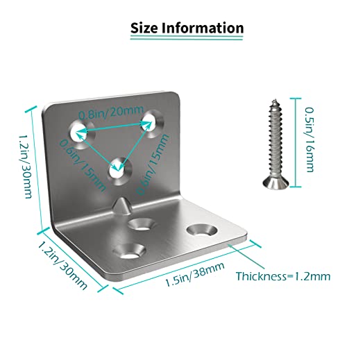 Image of Silver Stainless Steel Corner Bracket,Joint Right Angle Bracket,L Shape Heavy Duty Metal Corner Brace Shelf Supporter for Wood Aufuga (20, 1.5x1.2x1.2)