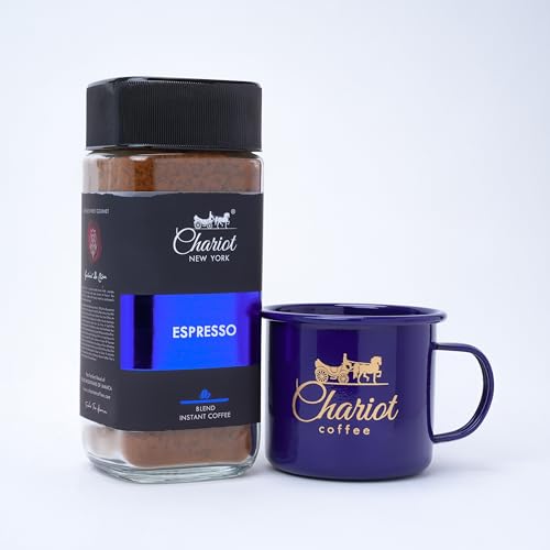 Image of Chariot New York Espresso Blend 200g | 100% Pure Arabica Agglomerated Instant Coffee (No Chicory) with Premium 400ml Steel Coffee Mug | Strong, Bold, Aromatic Cafe-Style Coffee