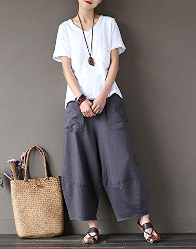 Aeneontrue Women's Patchwork Wide Leg Pants Trousers With Big Pockets Gray M #TOP6