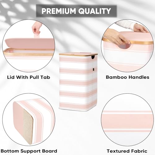 Image of BALEINE Laundry Hamper with Lid, Tall Laundry Baskets with Bamboo Pull Handles, Large Laundry Bin with Internal Support (26 Gal /100L, Pink Stripe)