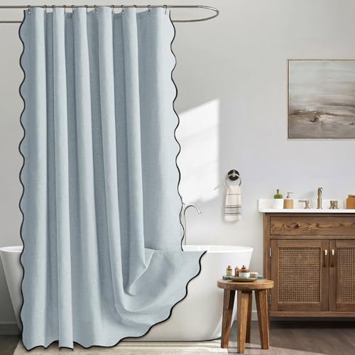 MIULEE Light Blue Scalloped Shower Curtain Linen Textured with 12 Metal Hooks Cute Heavy Duty Washable Waterproof Thick Cloth Shower Curtains with Black Border for Bathroom Hotel Bathtub W72*L72