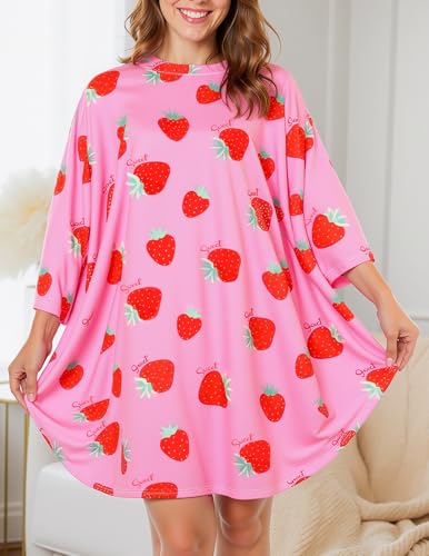 HONGTEYA Plus Size Nightgowns for Women Oversized Sleep Tshirts Dress Short Sleeves Sleepwear With Pocket Fit S-5XL2