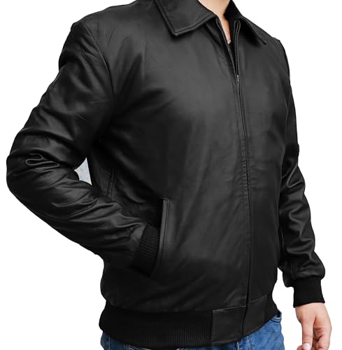 Image of 70s Style Classic Bomber Leather Jacket - Mens Vintage Real Lambskin Jacket