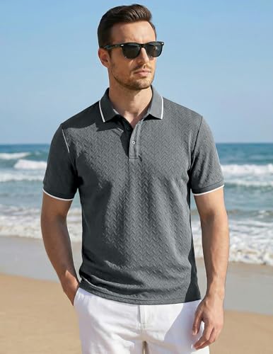 Image of JMIERR Mens Casual Polo Shirt Short Sleeve Vacation Button Summer Beach Knit Stretchy Golf Shirts