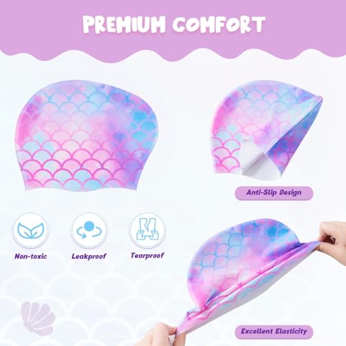 Image of Girls Unicorn Swim Cap and Goggles Set Toddler Waterproof Bathing Pool Swimming Caps Comfortable Kids Mermaid Unicorn Swimming Hats for Long and Short Hair (Mermaid Set)