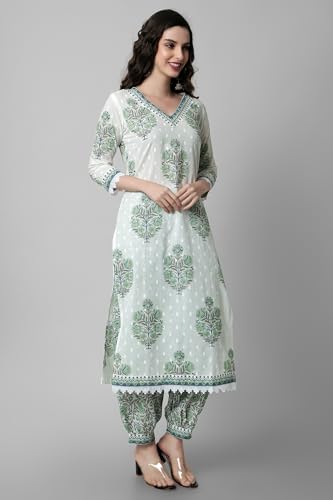 Image of Arayna Women's Cotton Printed Floral Straight Kurta with Palazzo Pants and Dupatta Set