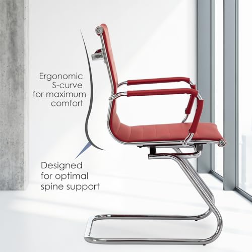 Image of HNY Leather Office Guest Chairs & Reception Chairs Set of 4, Modern Waiting Room Chairs with Arms, Desk Chair no Wheels with Sled Base for Waiting Room /Conference Room, Burgundy