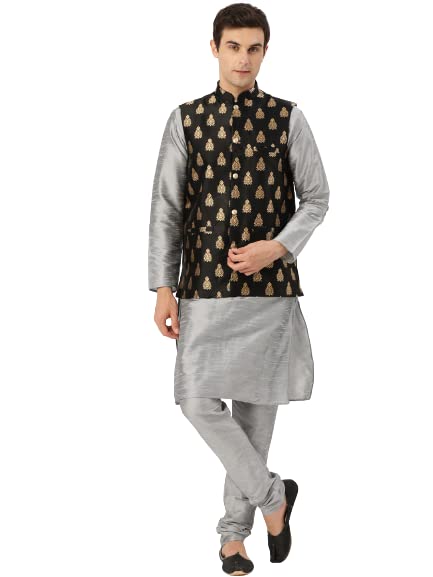 (Since 1958 Men's Silk Blend Grey Kurta & Churidaar Pyjama with Maroon Self Design Nehru Jacket Set-image-19