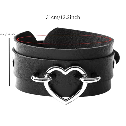 Manfnee 2Pack Punk Goth Bracelet for Man Women Leather Heart Metal Studded Cuff Wide Wristband Black2