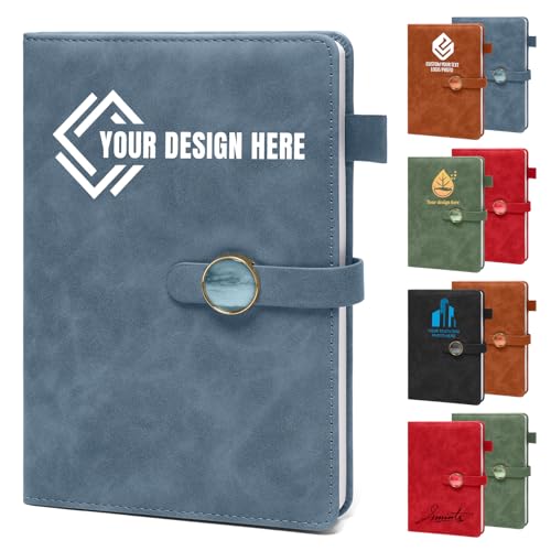 Custom Leather Journal A5 Lined Notebook - Personalized Logo Text Photo, 200 Pages Hardcover Notebook with 3D Magnetic Snap Closure for Men Women Business Travel Daily Writing (Blue)