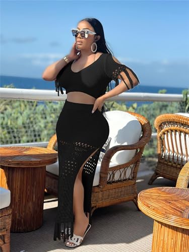Image of CALEBGAR 2 Piece Outfits for Women Sexy Crochet Tassel Split Midi Dress Summer V Neck Knitted Hollow Crop Tops Y2K Streetwear