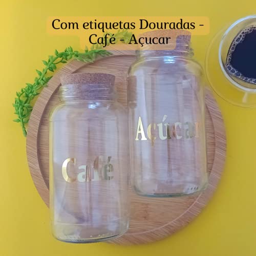 Kit Cantinho do Café com 2 Potes de Vidros+ Adesivos Gold com Tampa Rolha Cortiça