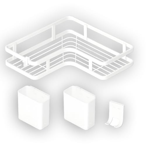 FURANY Duschregal Ecke Schwarz – 5er Set Wandregal Ohne Bohren, Duschablage mit Haken & Becher, Selbstklebend, Rostfrei, Ideal für Badezimmer & mehr (Weiß)