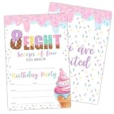 WUAWN 8th Birthday Invites, Ice Cream Birthday Invitations for Girl, 20 Sweet Popsicle Fill In lnvitation with Envelopes, Sweet Sassy and Seven Birthday Decorations (4 x 6 inch)-A13