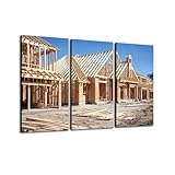New Homes Construction site Framed Houses Lumber Building Print On Canvas Wall Artwork Modern Photography Home Decor Unique Pattern Stretched and Framed 3 Piece