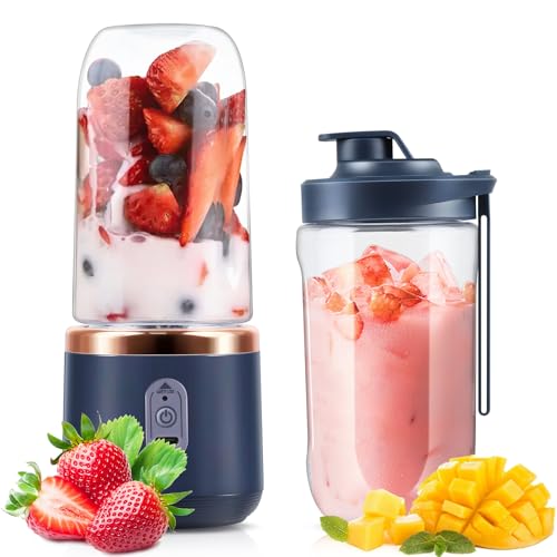 ジューサー ミキサー 果物 野菜 ジュース 離乳食用 栄養補充 一台多役 コードレス 22000回/分高速回転 400ML*2大容量 Type-C充電式 小型 ミニ 一人用 持ち運びやすい お手入れ簡単 出張/旅行/オフィス/アウトドア (ネービー)のサムネイル