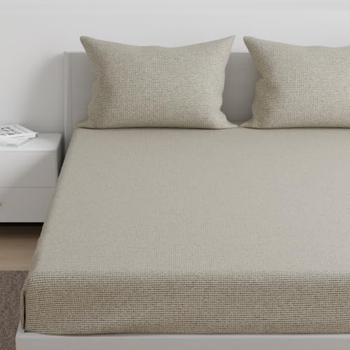 Image of Wakefit 100% Cotton 160 TC Fitted Bedsheet with 2 Pillow Covers | Dune Queen, 78 inch x 60 inch, Dune| 1.98m x 1.52m
