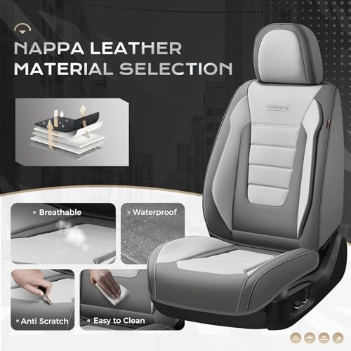 Image of Coverado Car Seat Covers Full Set, Nappa Leather Seat Covers for Cars, Car Seat Protector Car Seat Cushion, Front and Back Seat Protectors Cushions Universal Fit for Most Cars (Gray&Light Gray)