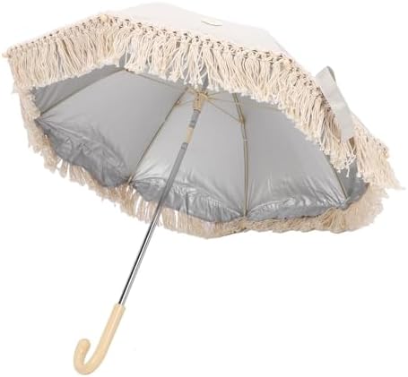 Fabater Tassel Baby Outdoor Parasol Proof Fringe Children Beach Umbrella, Portable Sun Shade for Stroller, Photography Props Seaside Garden (Beige with Small Chrysanthemum) — view 7