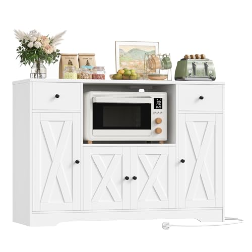 HOCSOK 120 cm Sideboard Küche, Küchenschrank mit Steckdose und Mikrowellenregal, Vorratsschrank...