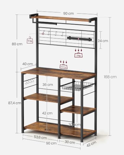 Miniatura 3 de Vasagle Estantería De Cocina, Soporte Para Panadería, Isla De Cocina Con Tira Magnética De Cuchillo, Cesta De Alambre, Soporte De Papel, 12 Ganchos, Marrón Rústico Y Negro Kks026b01