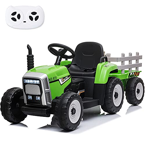 sopbost 12V Electric Ride on Tractor with Trailer, 2+1 Gear Shift Knob Stick Ground Loader Ride On with Remote Control, 7-LED Headlight, Horn Button, MP3 Player, Bluetooth, USB Port (Green)