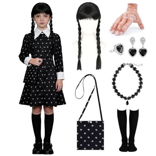 Kitimi Fancy Wensdey Kostüm Kinder Kostüm Gothic Kleid Mädchen Family Kleid Set Cosplay Dress Kind für Halloween Karneval Party