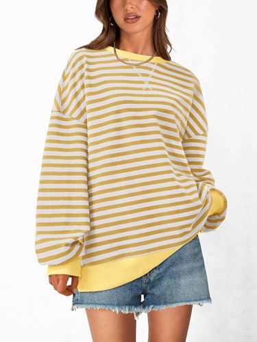 Image of PRETTYGARDEN Womens Striped Oversized Sweatshirt Color Block Crew Neck Long Sleeve Casual Loose Pullover Top Y2K Clothes
