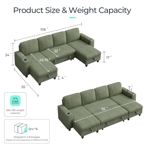 Image of LINSY HOME Sectional Sleeper Sofa Pull Out Couches for Living Room (Green, Sleeper Sofa 3) | Pull Out Sofa Bed, Storage, USB Charging, Cup Holders, Plush Corduroy