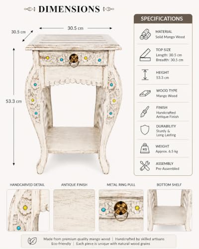 Image of Multipurpose Table Outdoor Indoor Stool Flower Vase Stool with One Drawer Material Mango Wood Size 30.5CM x 30.5CM x 53.3CM (White Antique)