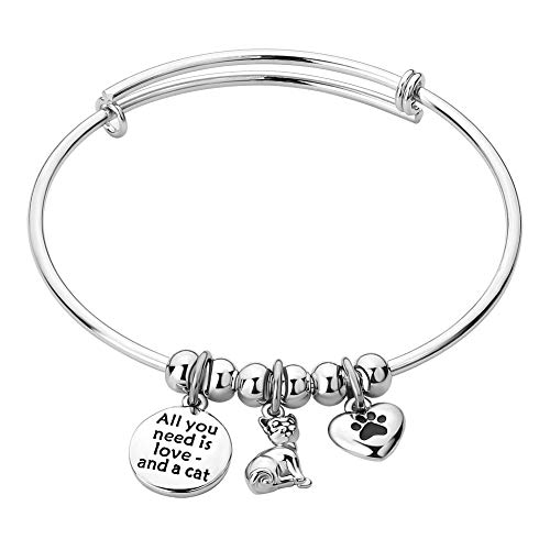 LovelyCharms All You Need is Love - and a cat Animal Pet Paw Prints Stainless Steel Bangle Bracelet