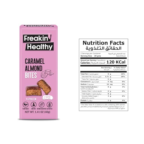 Freakin Healthy Caramel Almond Bites 40g – 2 Individually Wrapped Bites, Plant-Based Nut Butter Snack with Raw Chocolate, On-the-Go