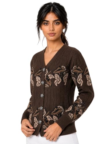 Image of Kalt Women Sweater for Winter Woolen Acrylic Full Sleeves V Neck Floral Design Cardigan Sweater for Women