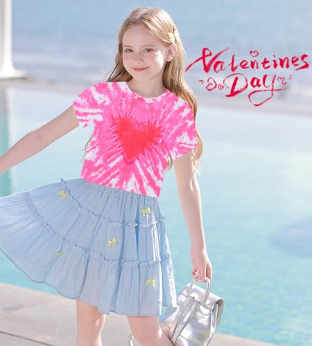 Image of Tkria Girl Crop Tops Valentine Short Sleeve Tshirt Tie Dye Heart Teen Girls Shirt Clothes 6-14 Years