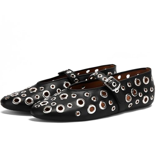 Ballet Flats for Women with Metal Hole Sparkling Buckle Strap Perforated Mary Jane Flat Women’s Eyelet Round Toe Ballerina Shoes Low Heel Casual Dress Flats