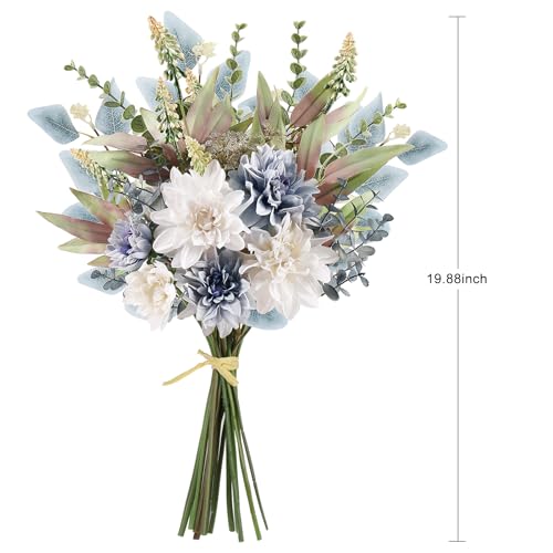 Fake Artificial Flowers Bouquet for Decoration, Silk Floral Arrangements Faux Flowers Plant Wedding Bride Bouquets Tables Centerpieces for Rustic Home Decor Indoor Vase Floral Table Decor (Blue White)