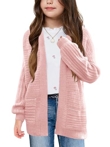 Image of Haloumoning Kids Girls Open Front Cardigan Sweaters Long Sleeve Cable Knit Fashion Clothes with Pockets 5-14 Years