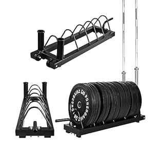 Signature Fitness Horizontale plaat en Olympische Bar Rack Organizer met stalen frame en transportwielen, 5 opbergruimtes